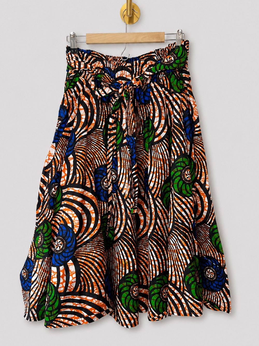 Rainbow African Print Paperbag Waist Midi Skirt Multicolor Tie Waist Size L